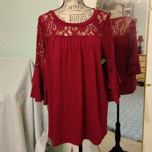 Women's NWOT For G and P deep red top w/ lace inserts & bell sleeves Sz S